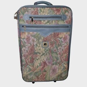 Vintage Floral Tapestry Rolling Carry On Suitcase Leisure Luggage 90s Travel Bag